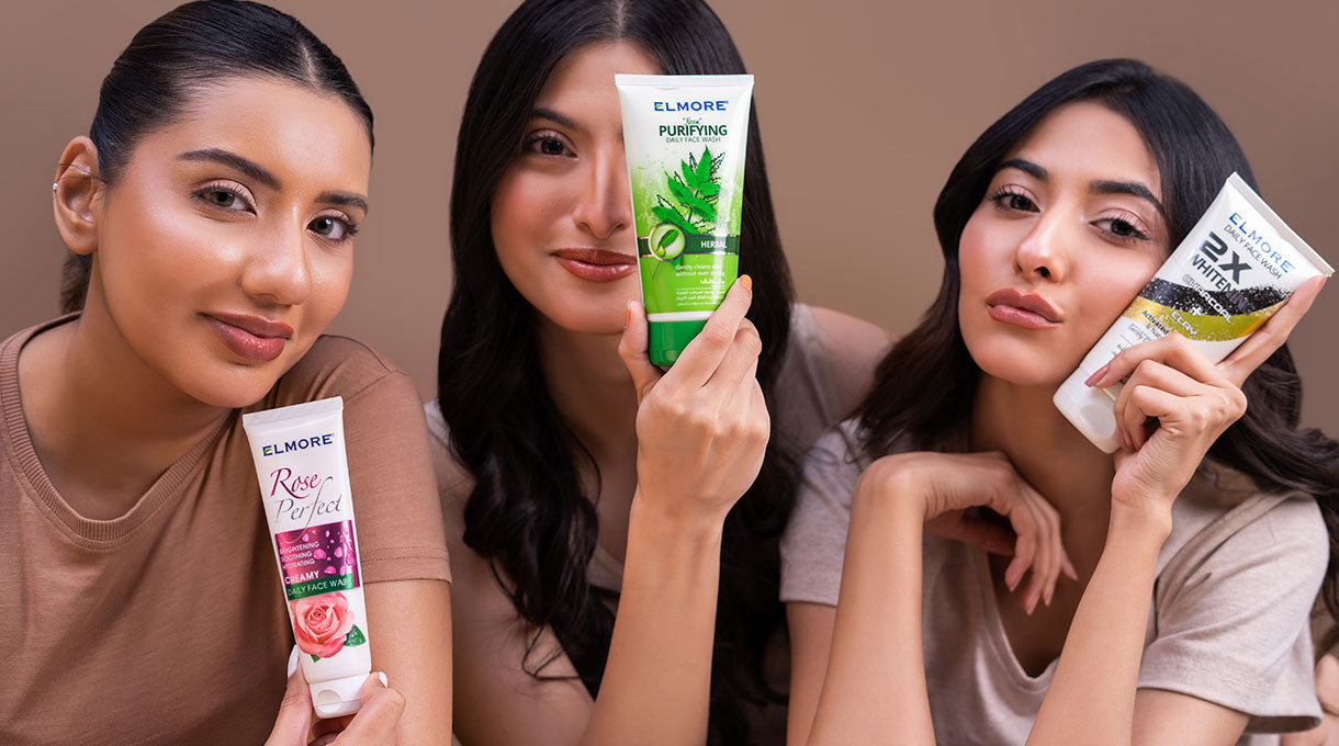 Elmore Facewash Collection – Best face wash in Pakistan for all skin types, including charcoal, rose, herbal, and oil control variants.