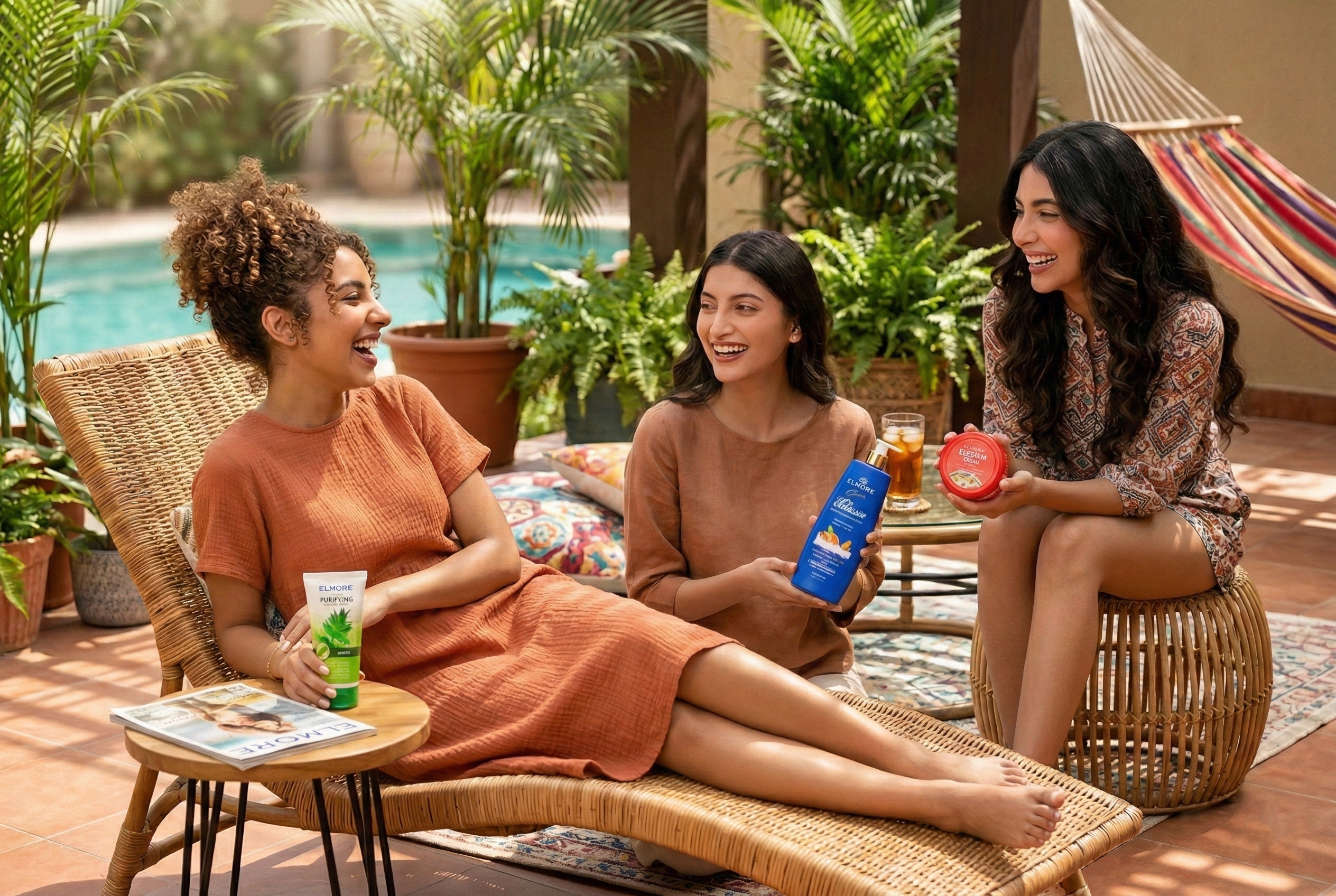 Elmore skincare products lifestyle image showing women using lotions creams and beauty products in Pakistan