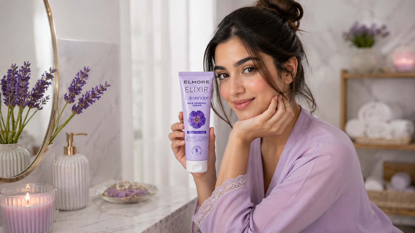 Pakistani woman with sensitive skin carefully applying hair removal cream at home for smooth, irritation-free results.