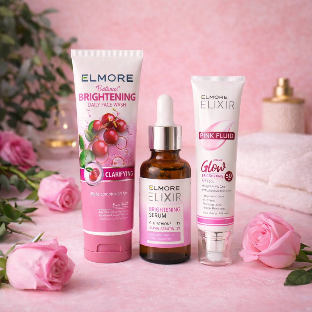 Elmore skincare bundle set featuring serum, cream and glow essentials