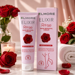 Elmore Elixir Rose hair removal cream with packaging on a decorative background with roses and candles.