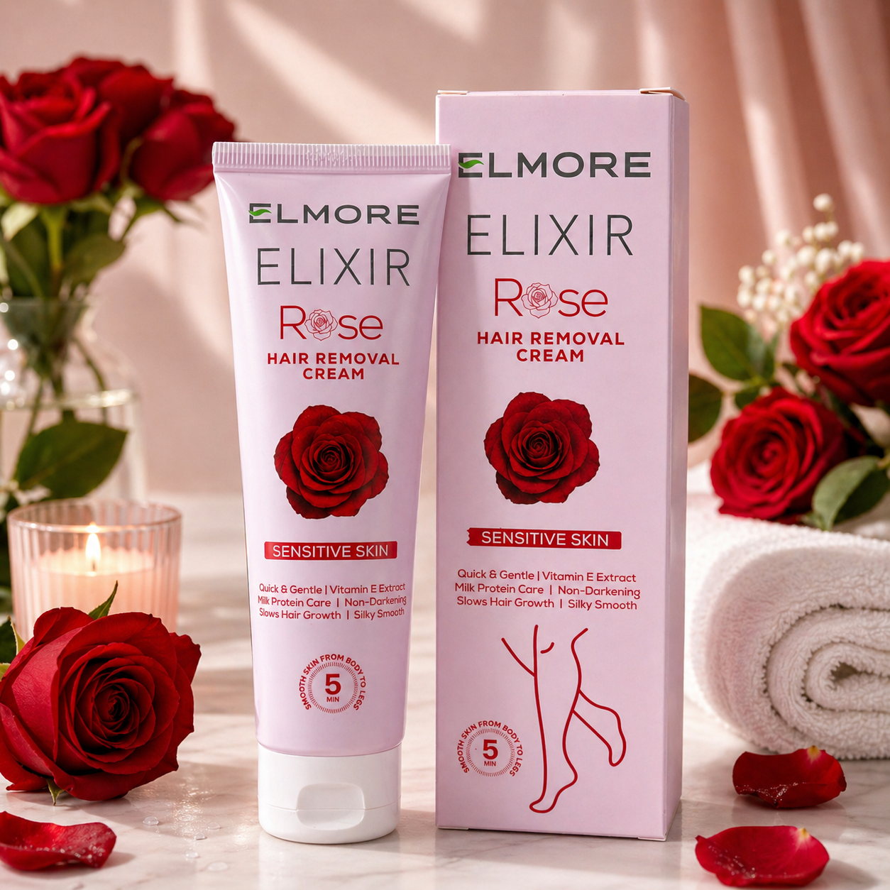 Elmore Elixir Rose hair removal cream with packaging on a decorative background with roses and candles.
