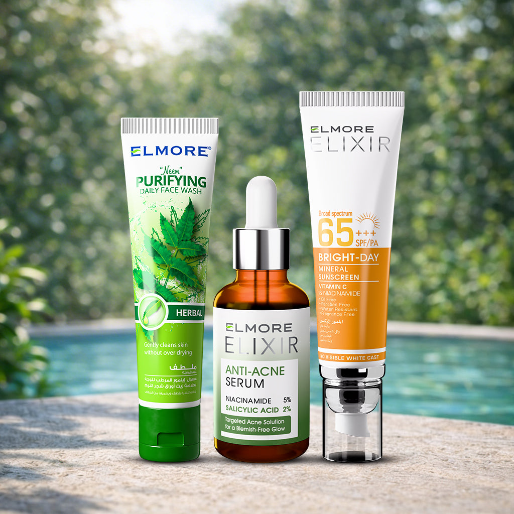 Elmore Acne Proof Skin bundle with Herbal Facewash, Anti Acne Serum and SPF 65 Sunscreen