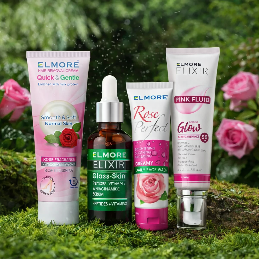 Elmore Glass Skin Kit with Peptide Serum, Rose Facewash, Rose Hair Removal Cream and Pink Fluid