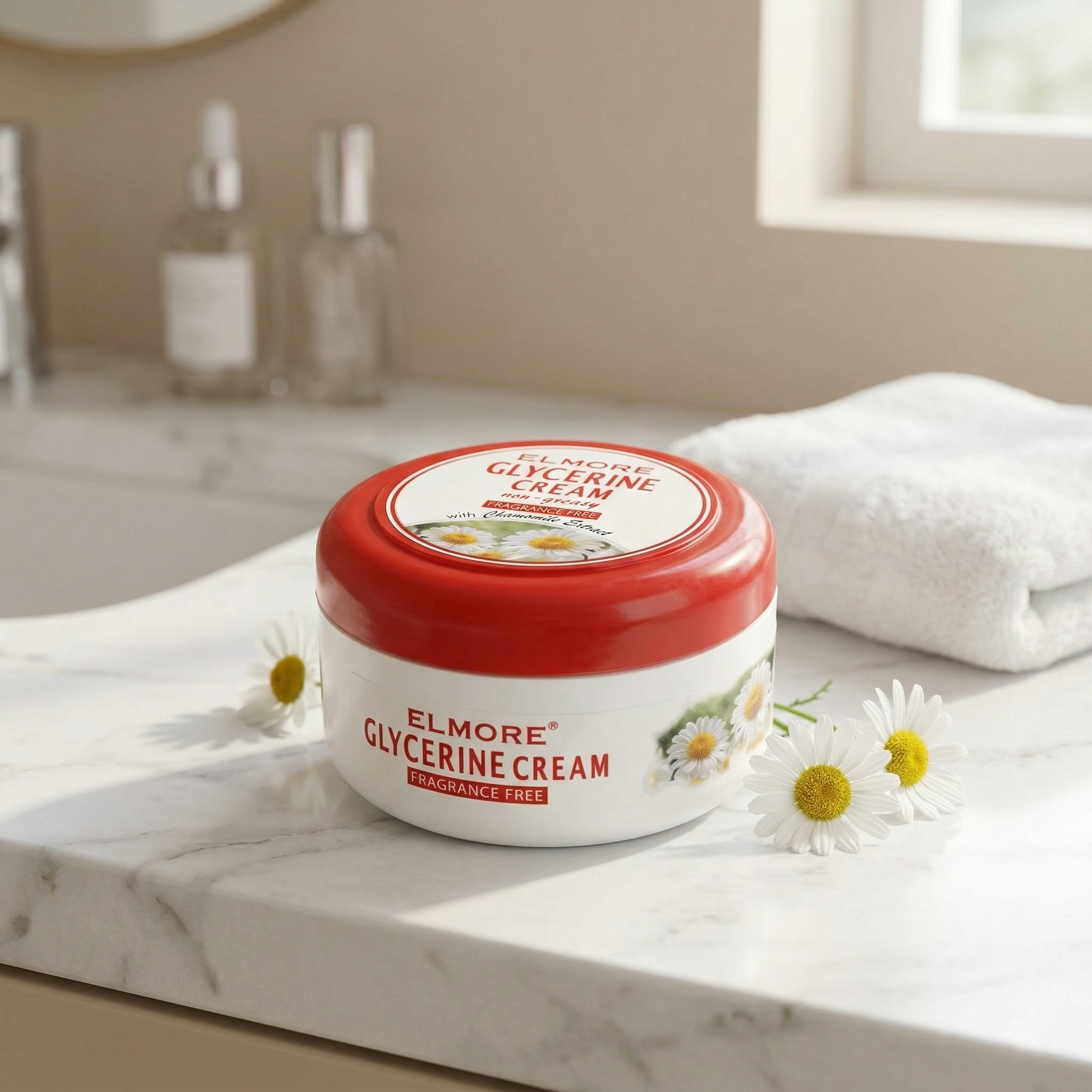 Jar of Elmore Glycerine Cream on a marble surface with flowers and bottles in the background