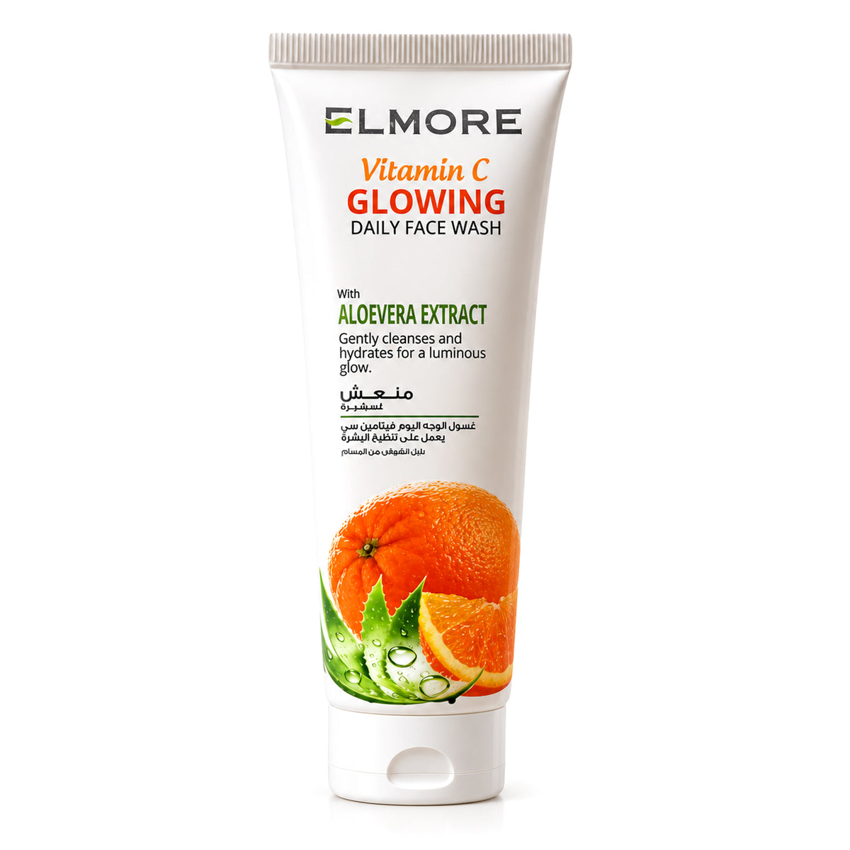 Elmore Vitamin C Glowing Daily Face Wash tube with Aloe Vera Extract on a white background.