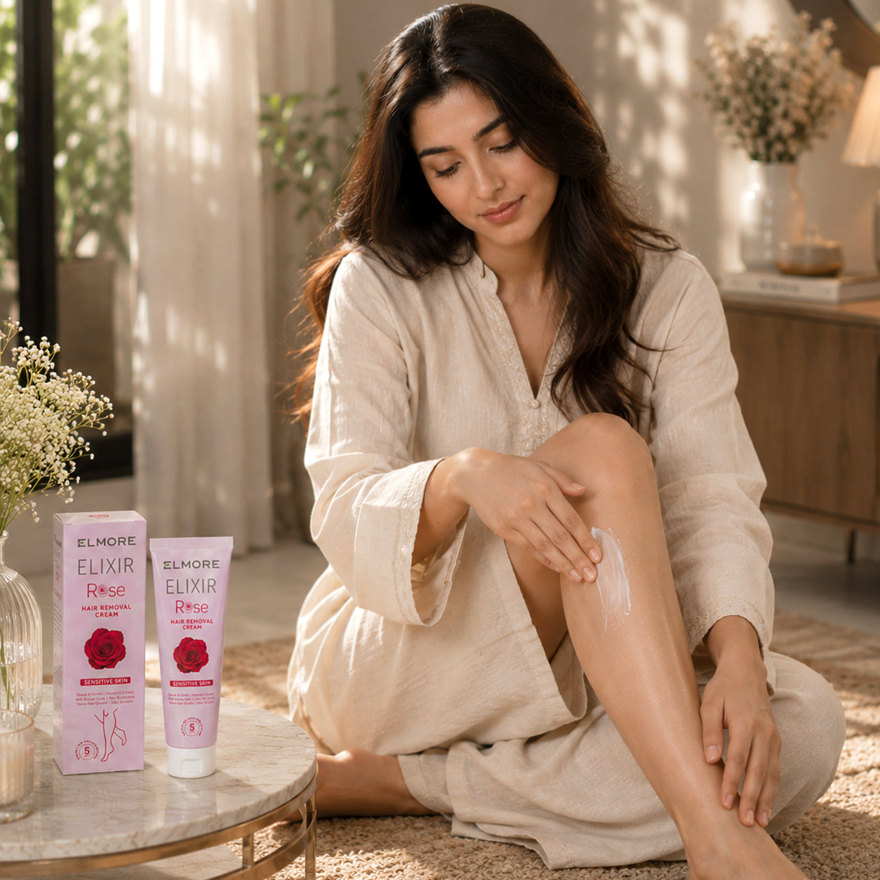 Pakistani woman with Elixir Rose Hair Removal Cream 100ML showing smooth hair-free skin after use