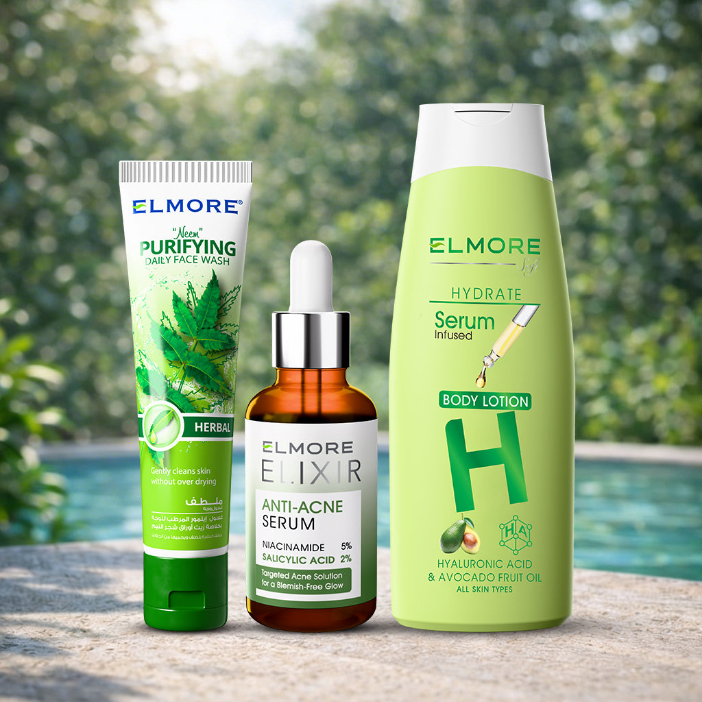 Elmore Clear Balance acne skincare combo featuring neem purifying face wash, anti acne serum with niacinamide and salicylic acid, and hydrating body lotion