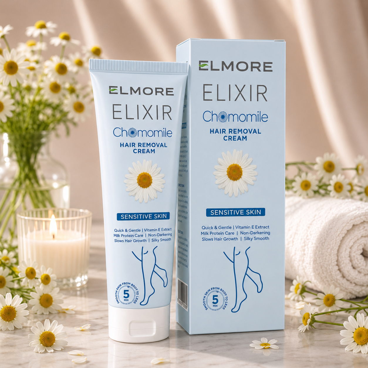 Elmore Elixir Chamomile Hair Removal Cream lifestyle product photography with chamomile flowers