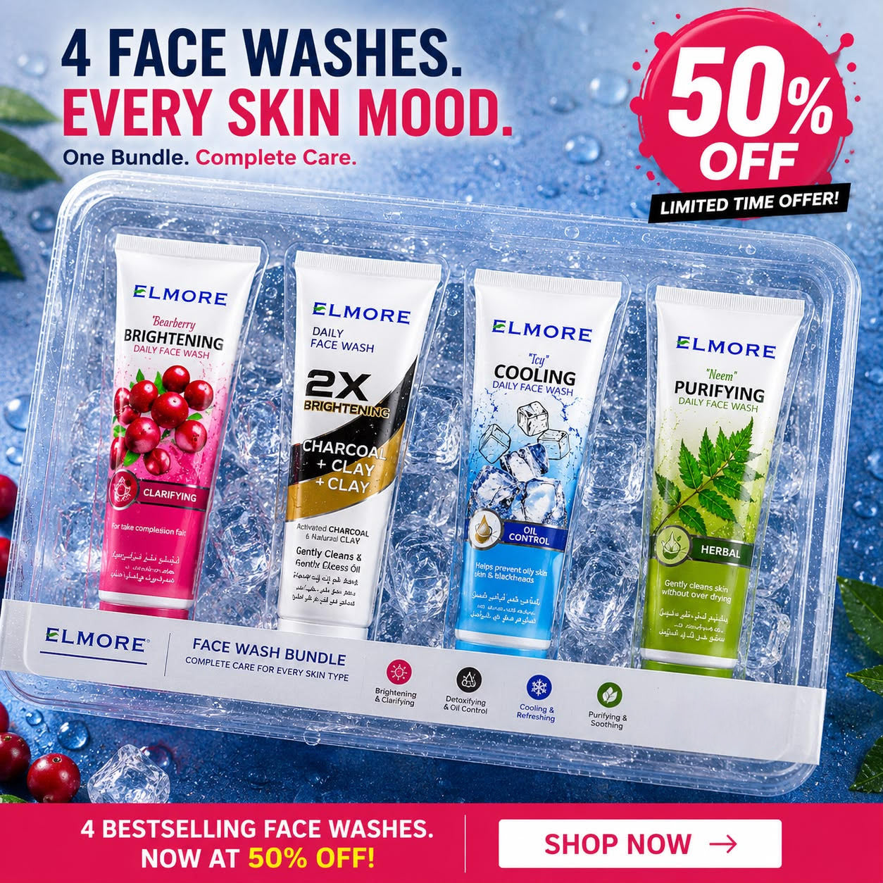 Elmore Face Wash Bundle with Brightening, Charcoal, Cooling and Neem Face Washes