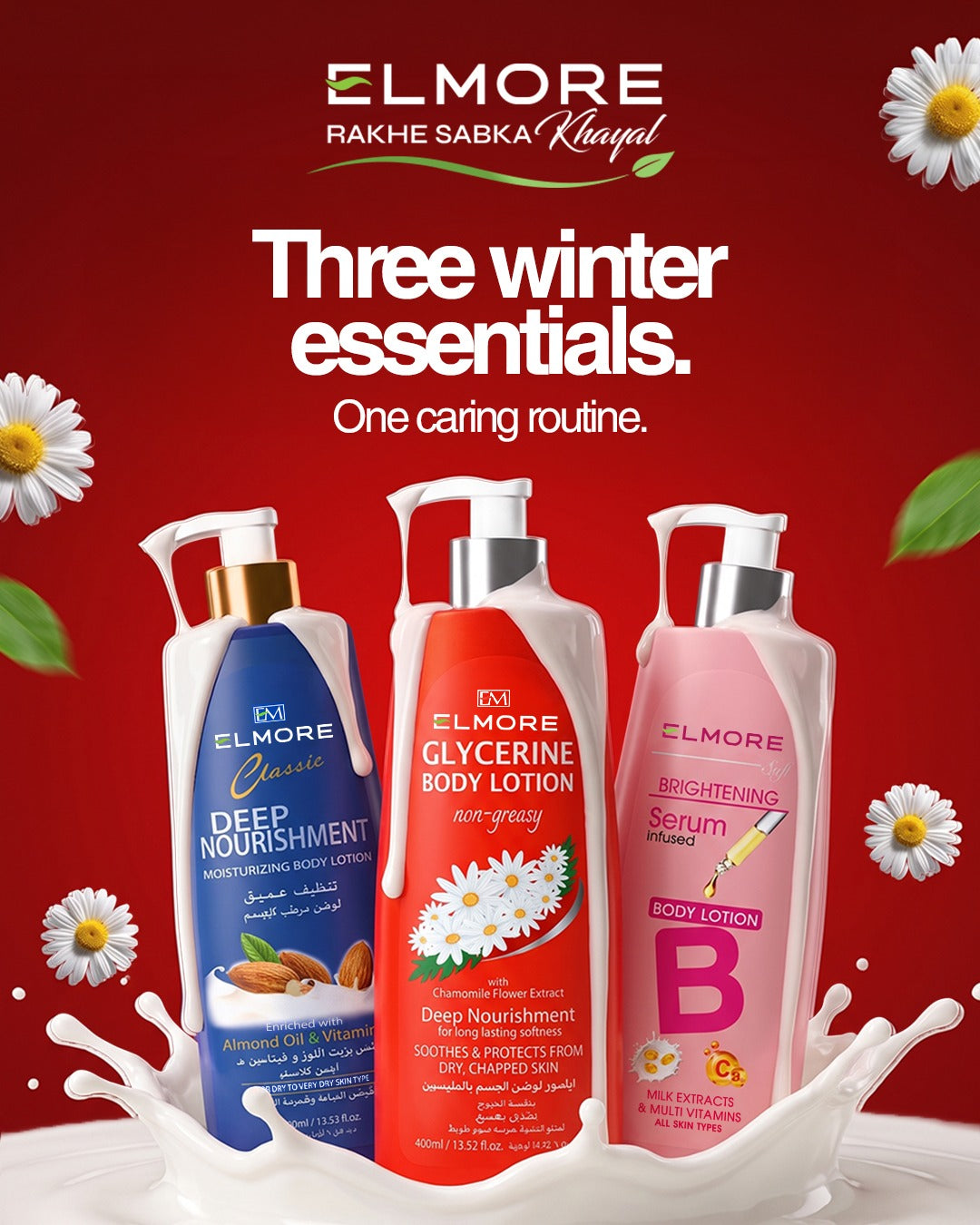 Elmore winter essentials: Classic Almond, Glycerine Chamomile and Brightening Serum body lotions—three essentials, one caring routine.
